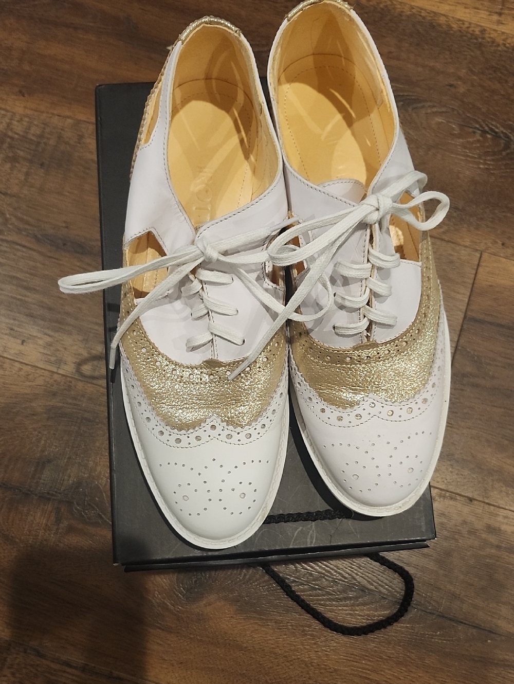 White & Gold Girotti Brogue Lace-Up Flats